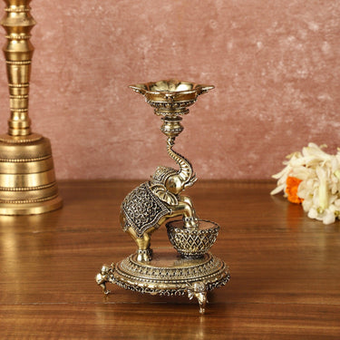 Brass Jumping Elephant Lamp Oil Diya | 6 Inch Height