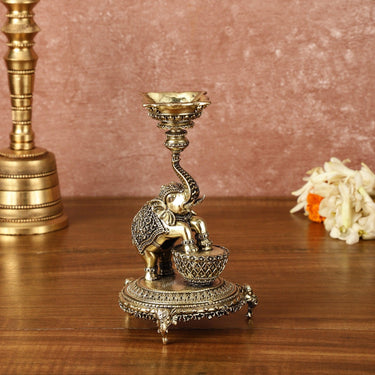 Brass Jumping Elephant Lamp Oil Diya | 6 Inch Height