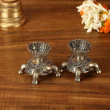 Brass Miniature Tortoise Oil Lamp Diya Pair | 2.5 Inch Height