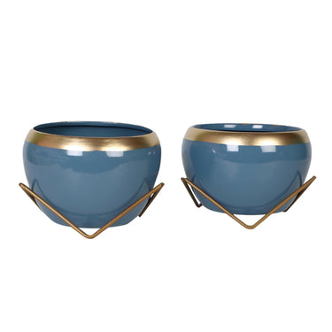 Apple Shape Metal Blue & Gold Planter Set Of 2