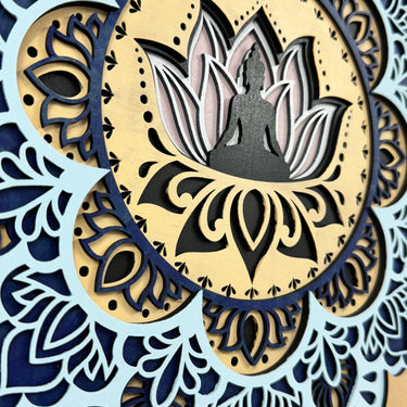 Sitting Buddha on Lotus 7 Layer Laser Cut Wood Wall Art Wall Sculpture Mandala Without Frame