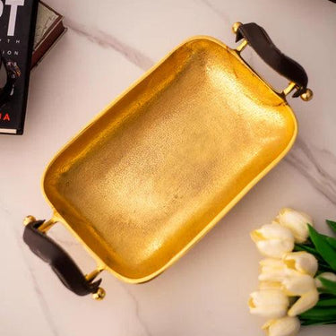 Rectangle Gold Solid Tray With Leather Handle