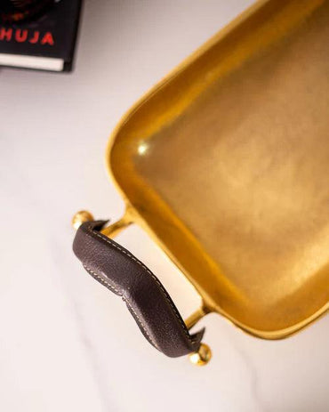 Rectangle Gold Solid Tray With Leather Handle