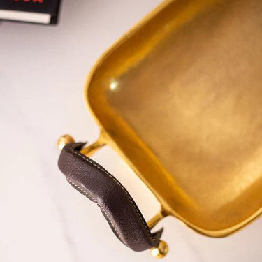 Rectangle Gold Solid Tray With Leather Handle