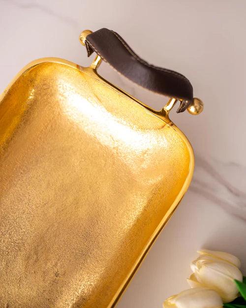 Rectangle Gold Solid Tray With Leather Handle