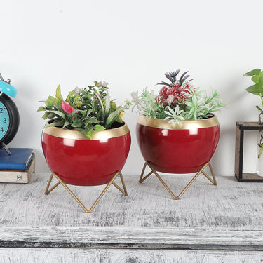 Apple Shape Metal Red & Gold Planter Set Of 2