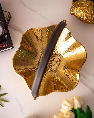 Gold Solid Tray With Leather Handle