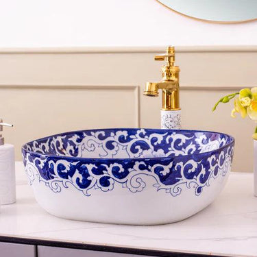 Peony Blue & White Porcelain Counter Top Basin