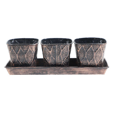 Copper & Black Metal Table Planters With Tray Set Of 4