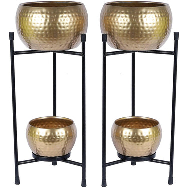 Black & Gold Double Layer Hammered Apple Planter Set Of 2