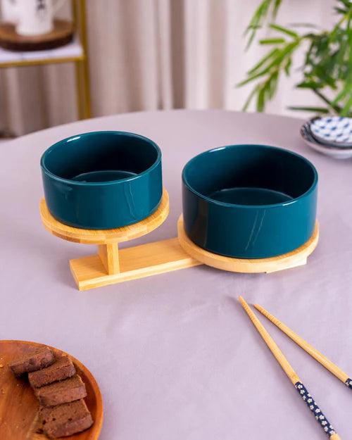 Ceramic Bowl with 2 Tire Wooden Stand - Blue