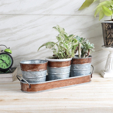 Brown & Silver Metal Table Planters With Tray Set Of 4