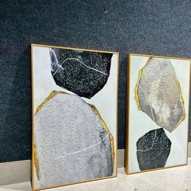 Silver black crystal stone with Gold border Wall Painting set of 2