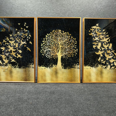 (set of 3) Crystal Painting of Golden Tree and Birds for Home, Hotels, Living Room, Hall, Decoretion 40*60cm