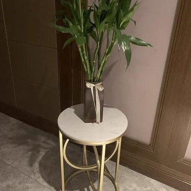 Soothing Interiors White Round End Table With Marble Top