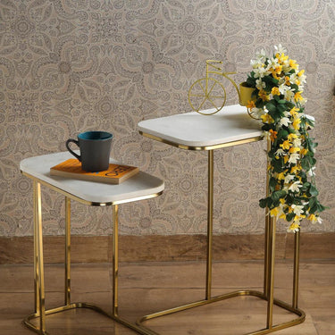 Tehran Rectangle Iron Stand Side Marble Table Set of 2