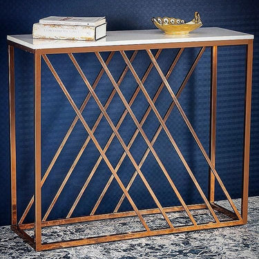 Unique Pattern Console Table with Copper Metal Finish